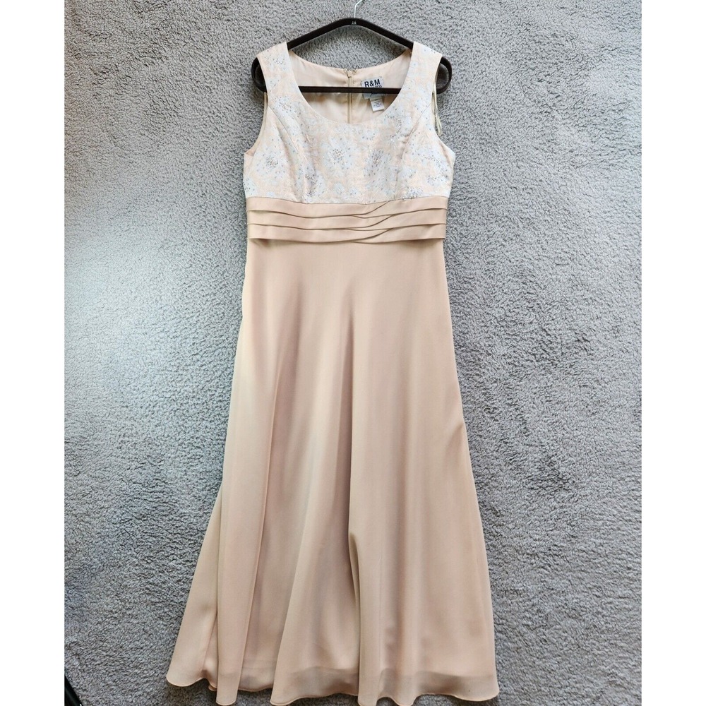 R&M Richards 2 Pcs‎ Garment Dress Top Women's 12P Beige Lined Beaded Maxi Formal